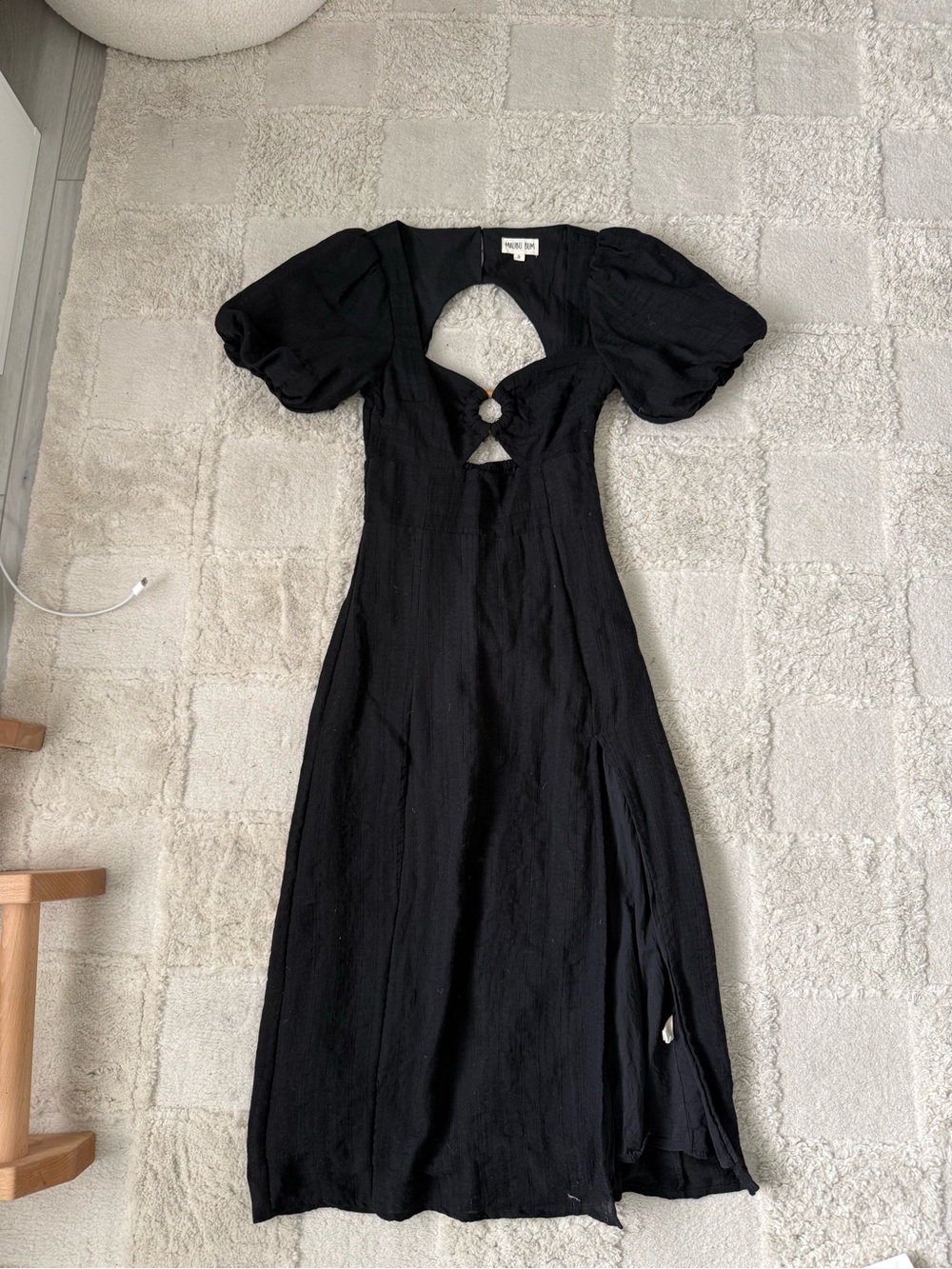 Black Puff-Sleeve Cutout Midi Dress